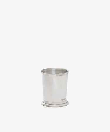 The Clara Julep Cup is a plain silver cup with a slightly flared rim and small base, photographed on a white background—a timeless piece that also serves as an elegant silver flower vase for classic home decor.