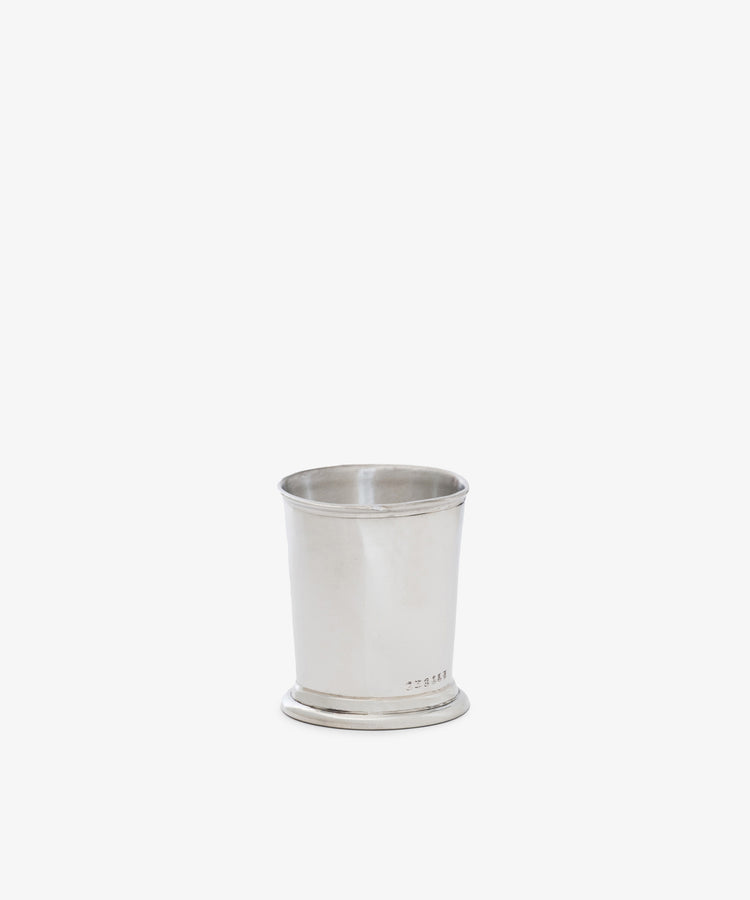 The Clara Julep Cup is a plain silver cup with a slightly flared rim and small base, photographed on a white background—a timeless piece that also serves as an elegant silver flower vase for classic home decor.