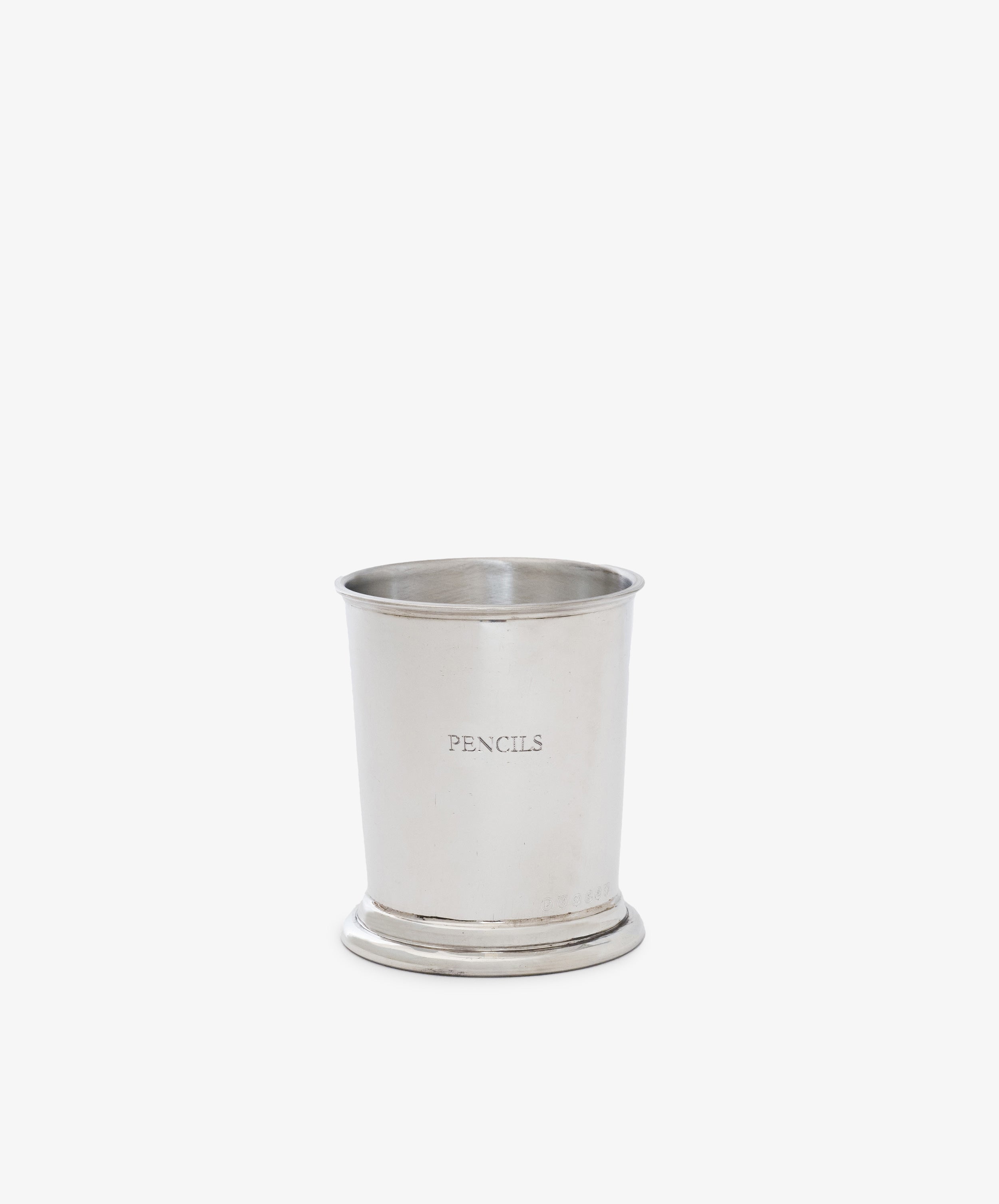 The Serena Pencil Cup is a sleek pewter pencil holder with 