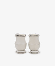 A pair of polished silver salt and pepper shakers with a classic hourglass silhouette, set against a clean white background.