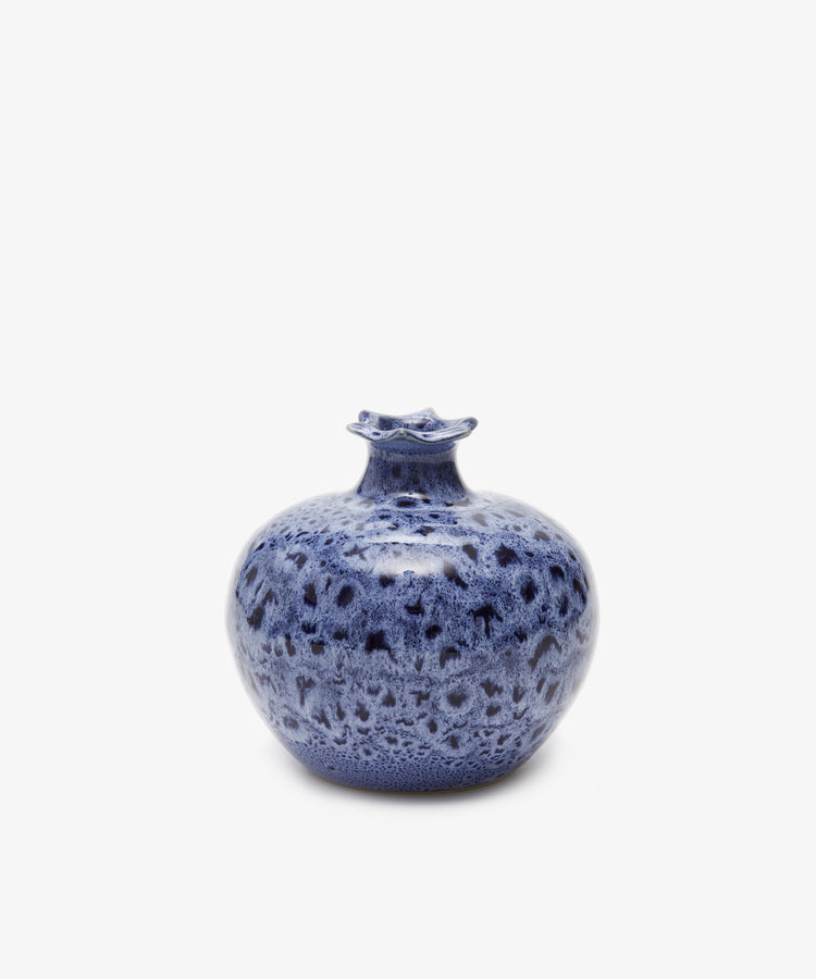 Pom Bud Vase. Mottled blue glazed ceramic vase resembling a pomegranate, alt view.