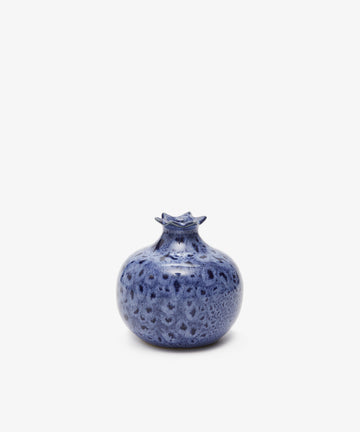 Pom Bud Vase. Mottled blue glazed ceramic vase, small version, alt view.