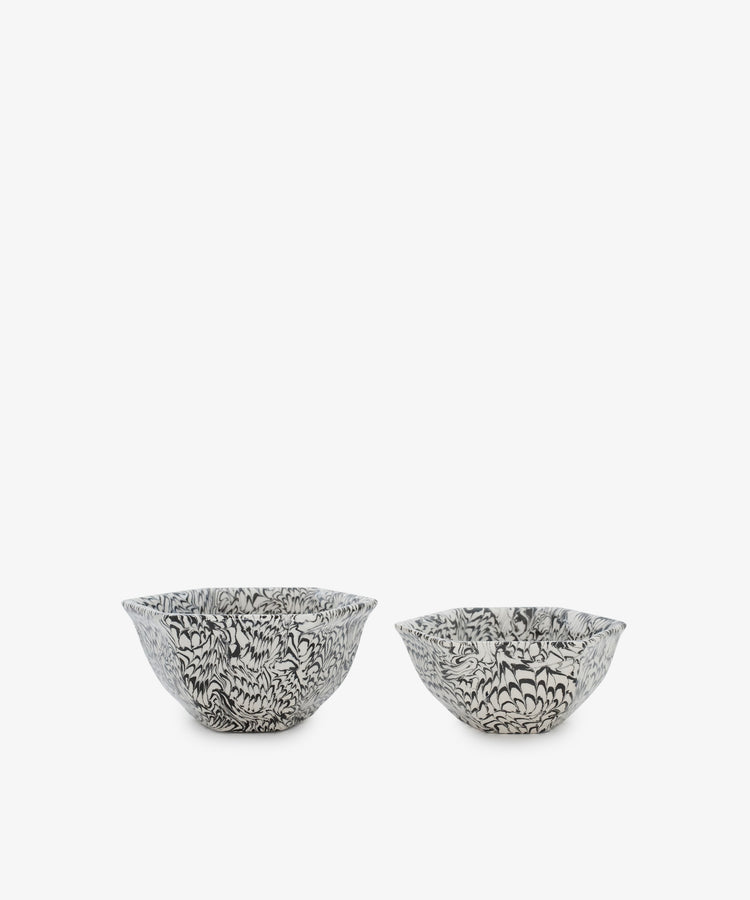 Two Celine Snack Bowls in black and white ceramic with intricate marbled patterns, reminiscent of Aptware, are placed side by side on a plain white background.
