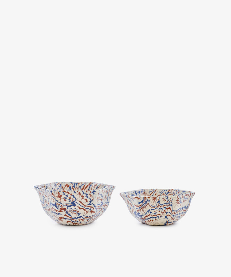 Two Celine Snack Bowls featuring intricate blue, red, and brown floral patterns are displayed side by side on a white background.