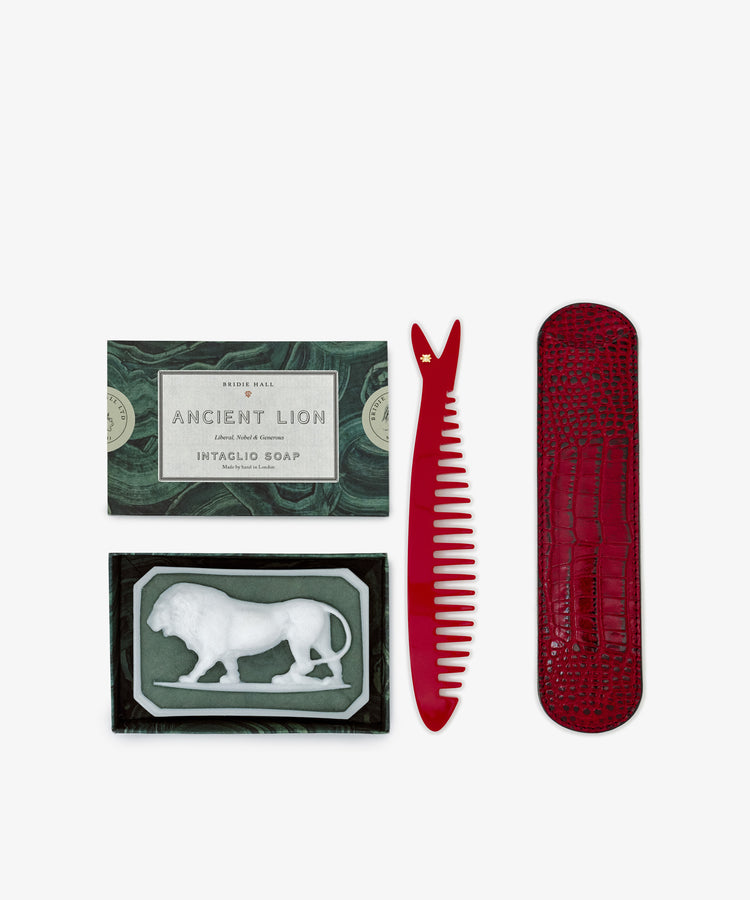 The Clean & Comb Bundle includes Bridie Hall's Ancient Lion soap in a green box with a lion design, plus a Capri sardine comb and matching red case.
