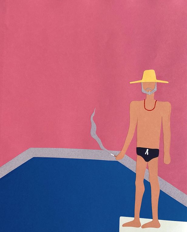 painting of old man smoking on pool diving board