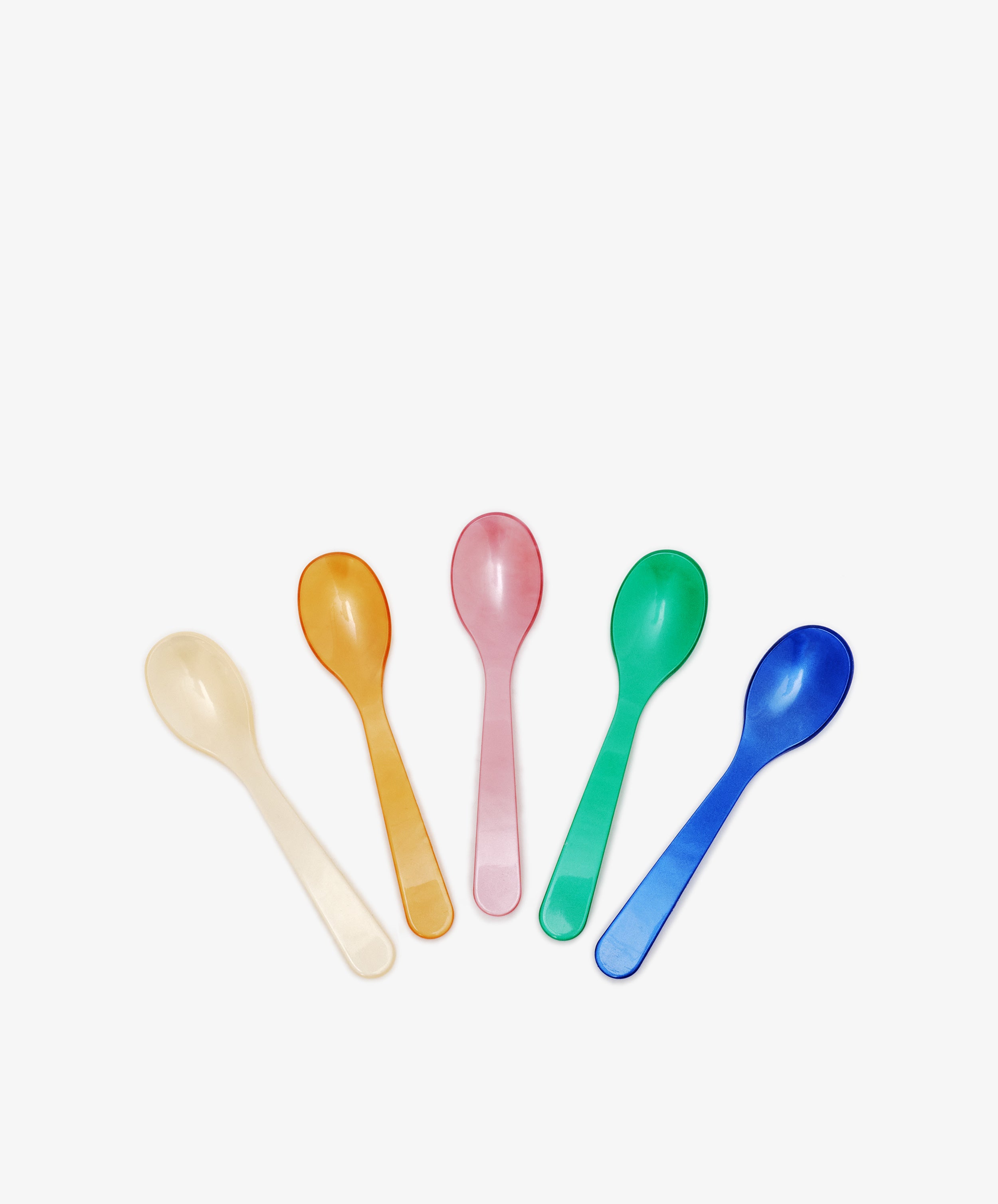 The Spooning Bundle features five plastic Piccolo spoons in cream, orange, pink, green, and blue arranged on a white background—ideal as dessert spoons or for gifting a Valentine’s Day bundle.