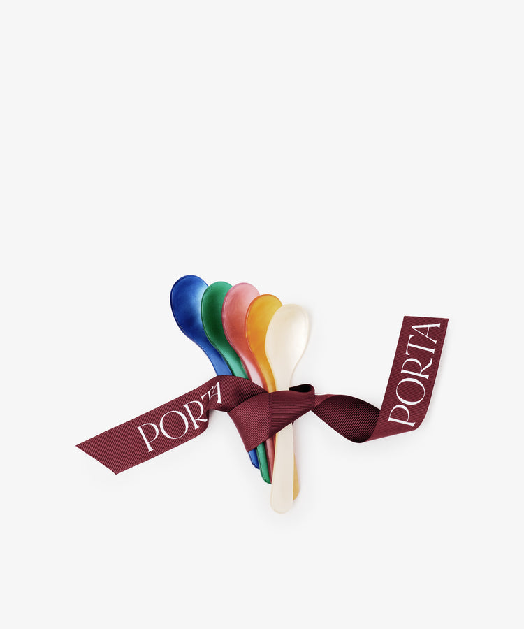 The Spooning Bundle includes five colorful dessert spoons, tied with a maroon ribbon labeled PORTA—an ideal, charming gift for Valentine’s Day.