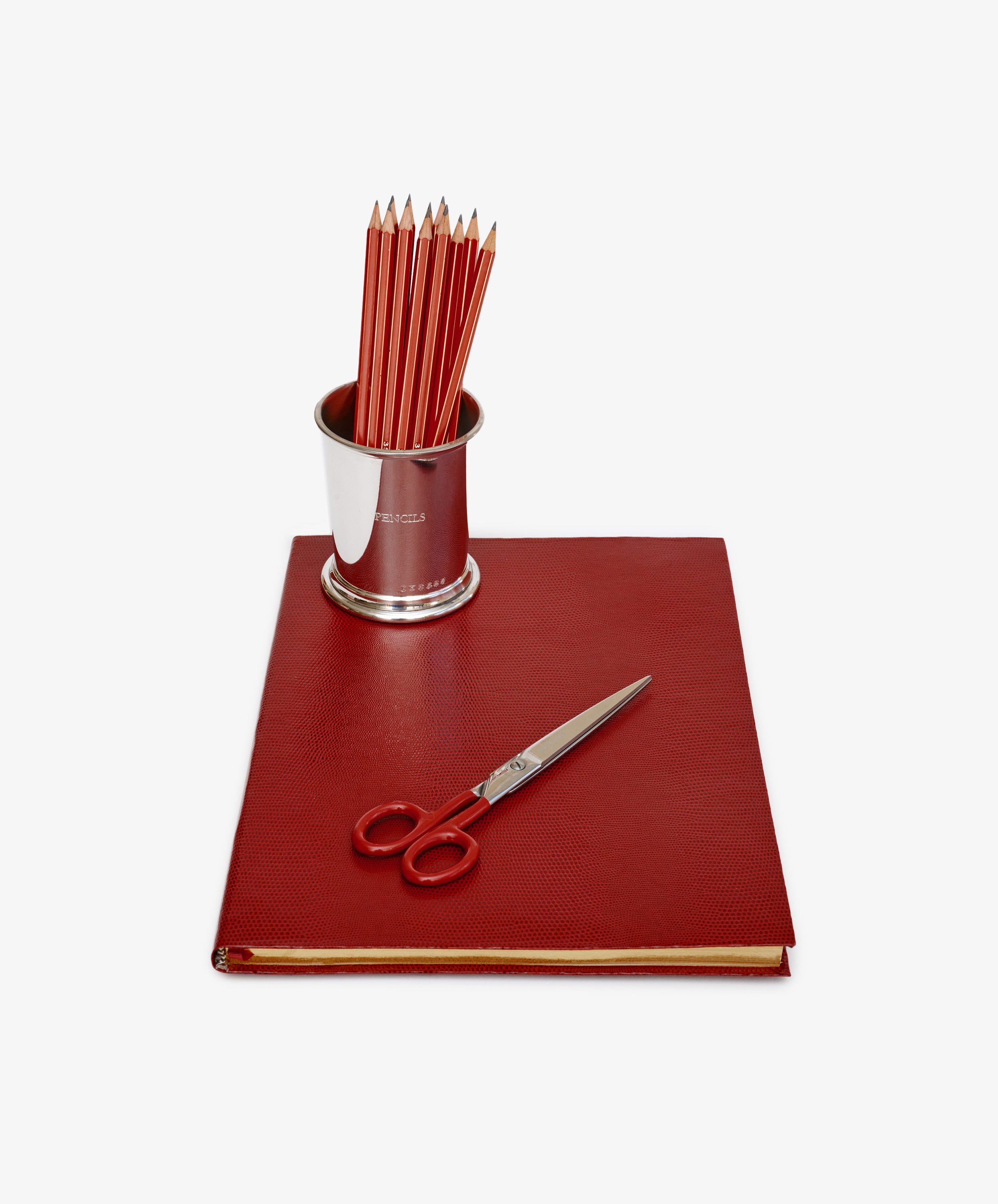 The Red Desk Bundle, featuring a red leather journal, red scissors, and a silver cup with Viarco pencils, is arranged on a white surface.