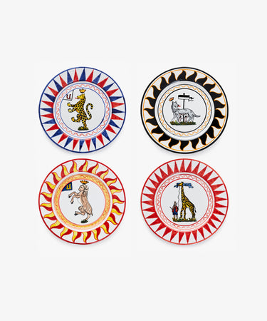 Palio Dinner Plate. Set of 4 multicoloured glazed ceramic plates depicting the panther, she-wolf, ram, and giraffe.