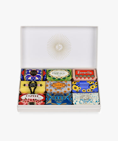 Gift Box of Soaps by Claus Porto. Open box of 9 soap bars in colorful, art deco-inspired packaging.