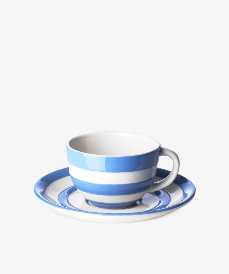 Betty Breakfast Cup & Saucer Set by T.G. Green. Cornish stoneware cup and saucer in blue and white stripes.