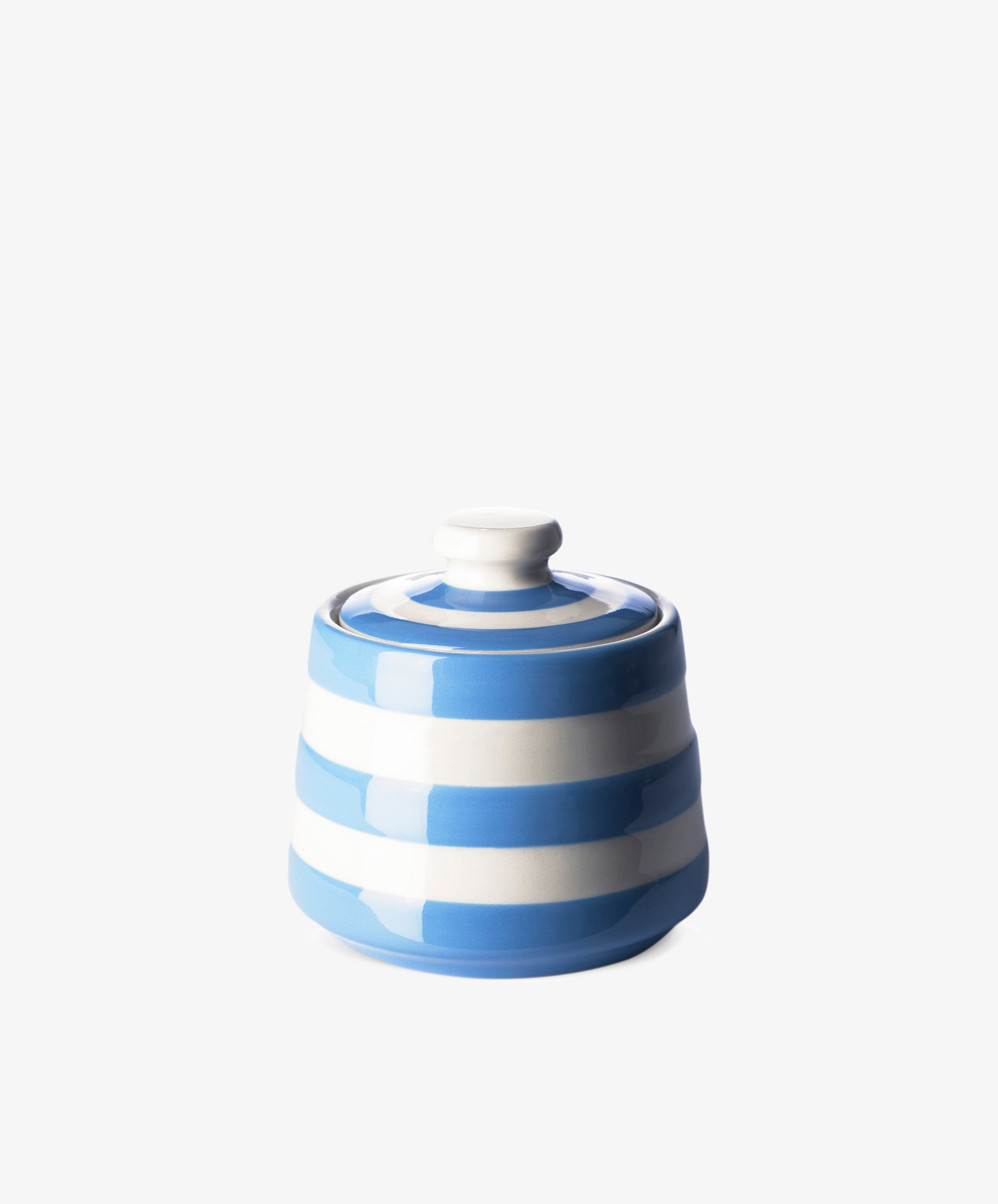 Betty Sugar Bowl with Lid by T.G. Green. Cornish stoneware vessel with blue and white stripes.