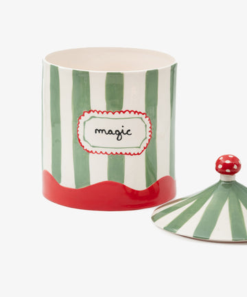 Magic Box. Hand-painted ceramic box shaped like circus tent in green and white stripes with red accents, with lid at side.