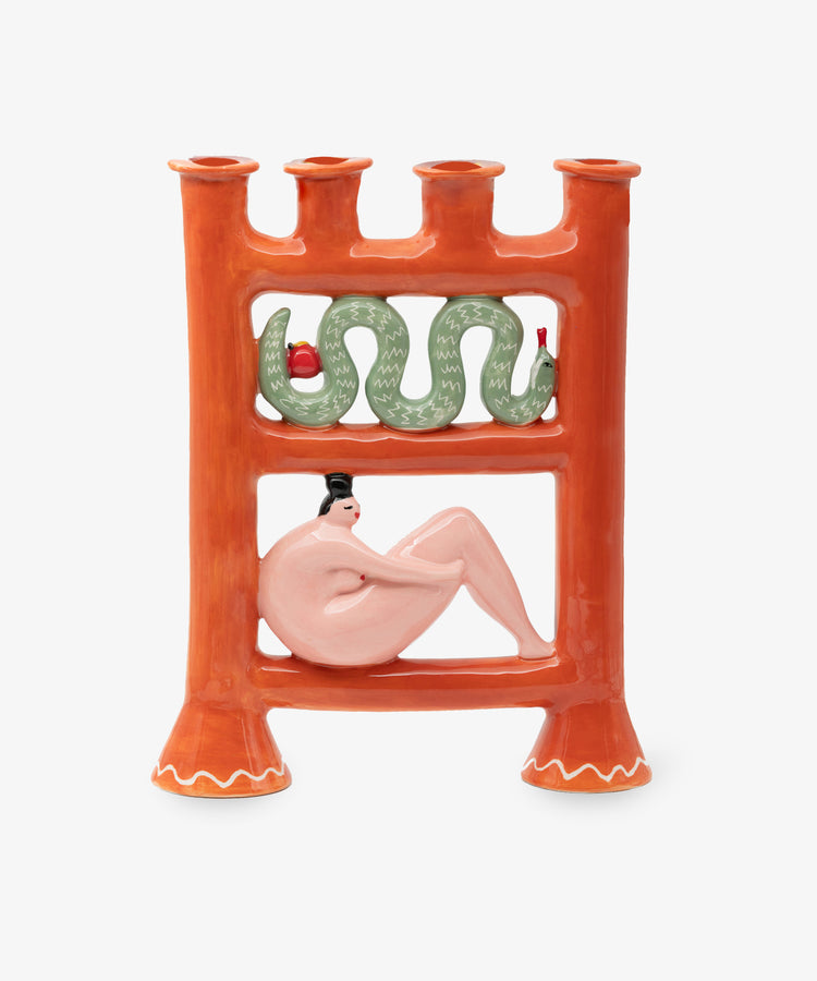 Eve Candle Holder by Laetitia Rouget. Painted ceramic holder in red with 4 candle spots, pink naked lady and green snake