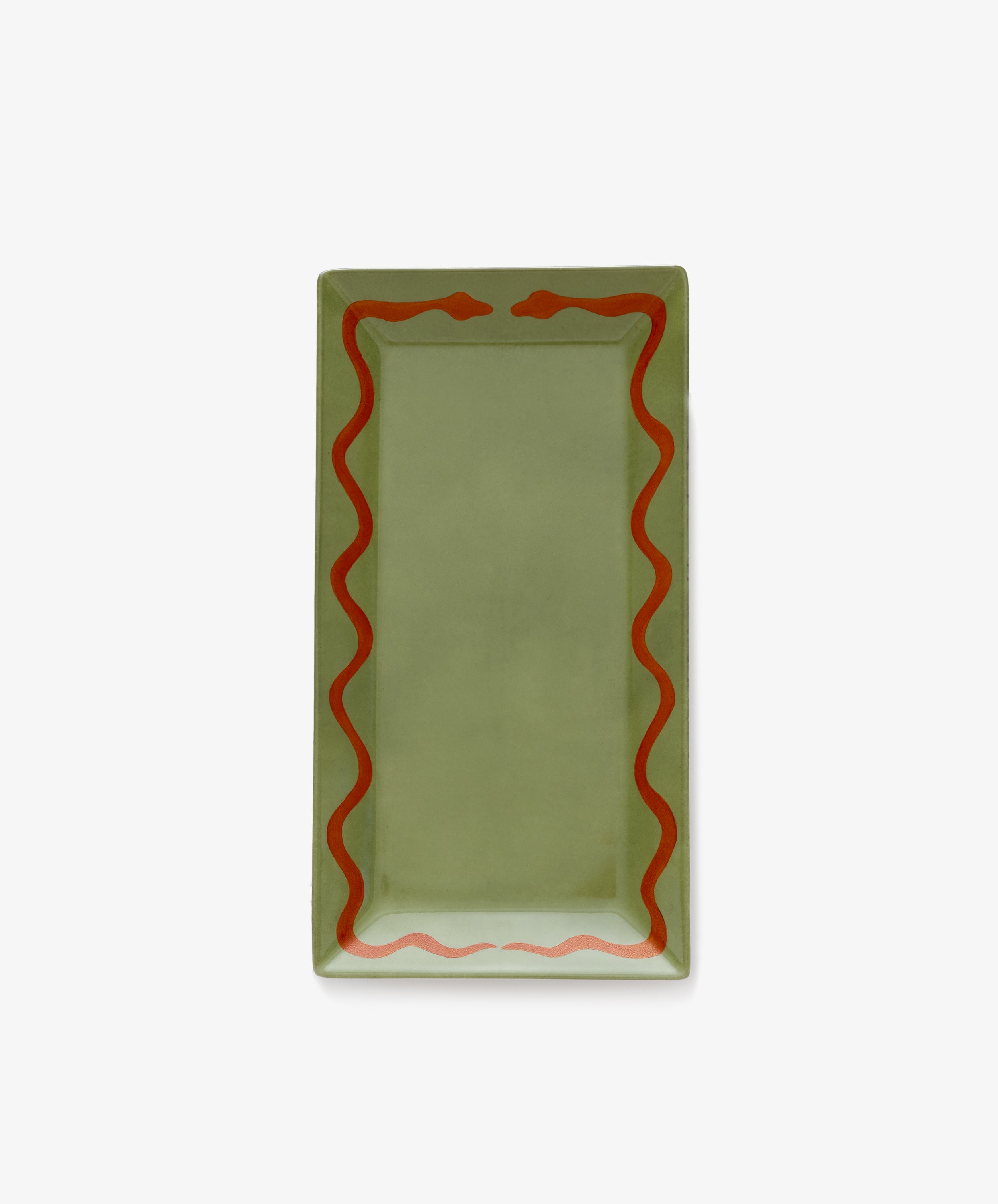 Hand Painted Double Serpent Tray by Matilde Argiolas. Rectangular porcelain tray in green with red snake border.