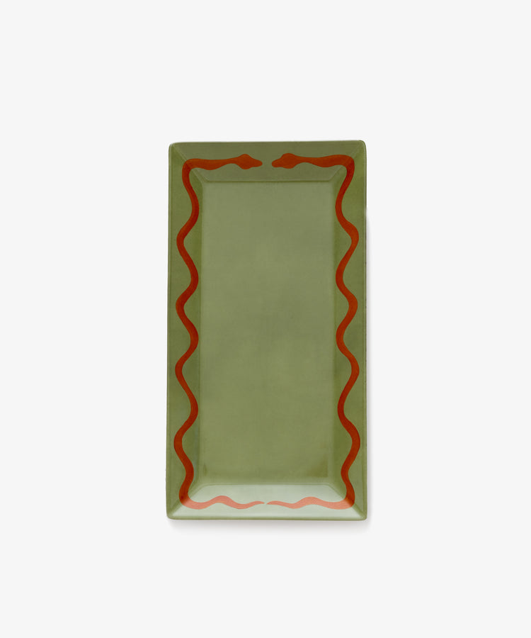 Hand Painted Double Serpent Tray by Matilde Argiolas. Rectangular porcelain tray in green with red snake border.