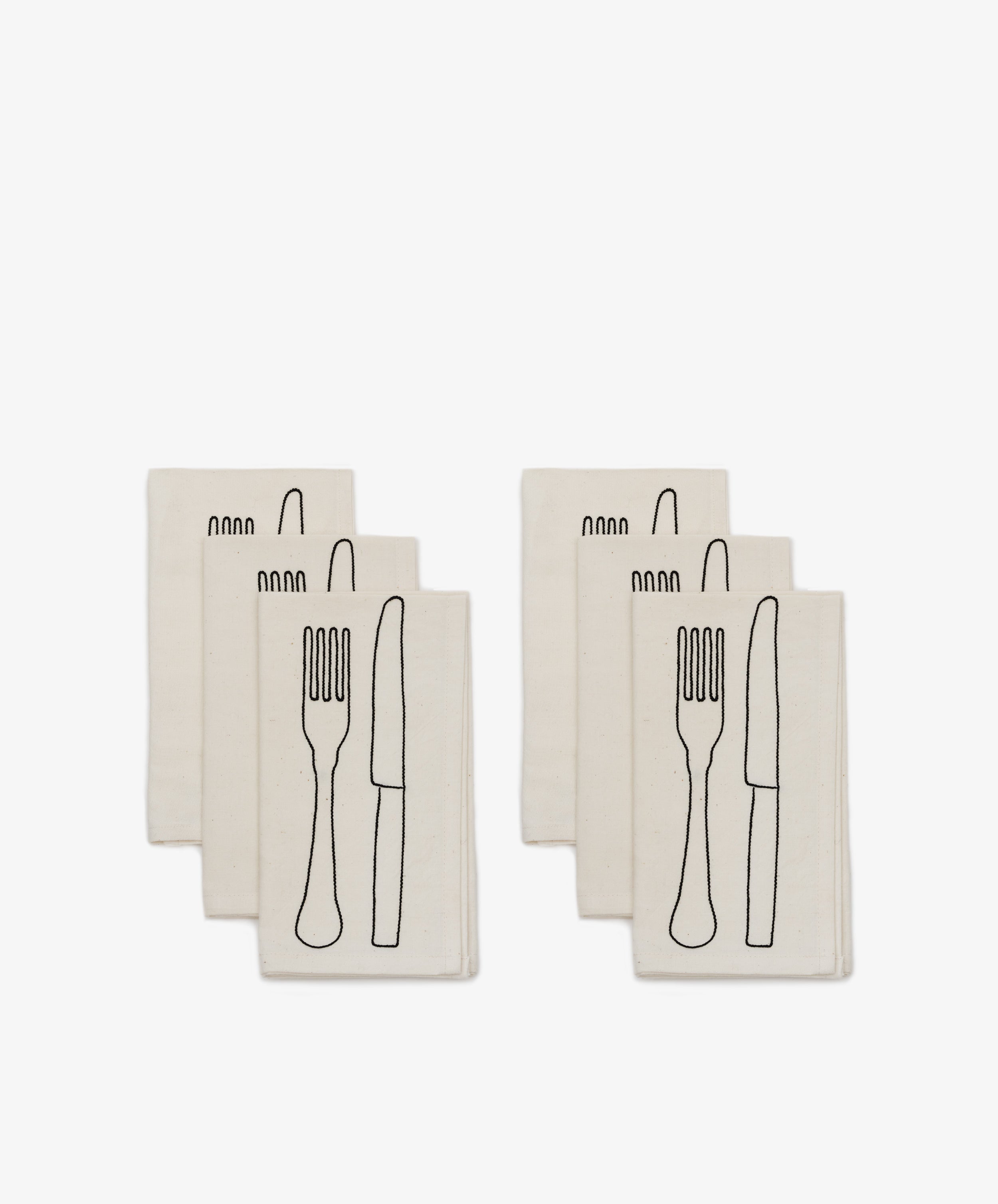 Fourchette & Couteau Napkins by Oeuvres Sensibiles. Two stacks of three napkins in linen with black knife and fork stitching