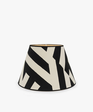 Untitled 1, Hand-painted Lampshade. Black and white geometric motif raw linen lampshade, side view.