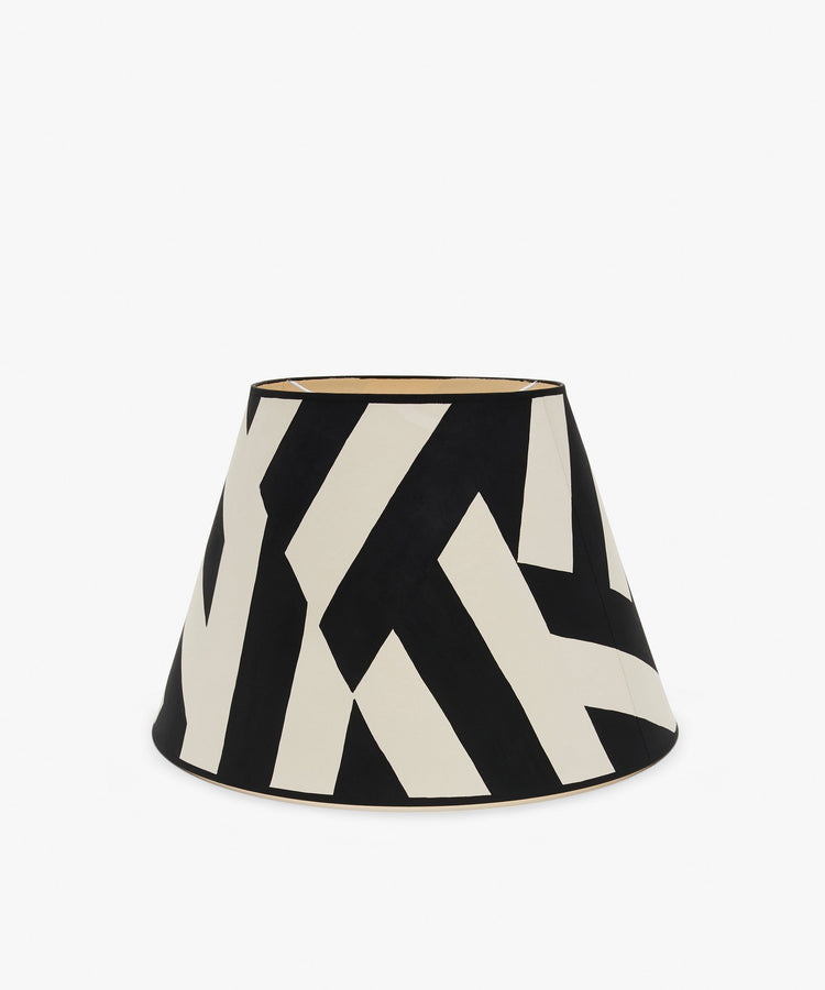 Untitled 1, Hand-painted Lampshade. Black and white geometric motif raw linen lampshade, alt side view.