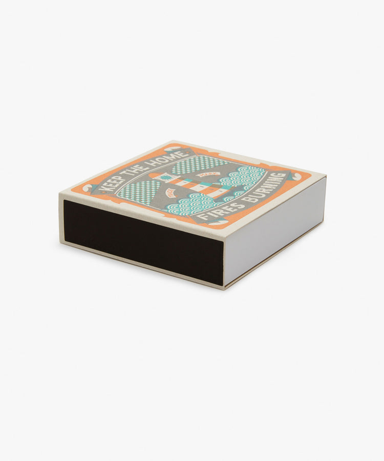 Keep the Home Fires Burning, Luxury Matches, angled side view of closed box.