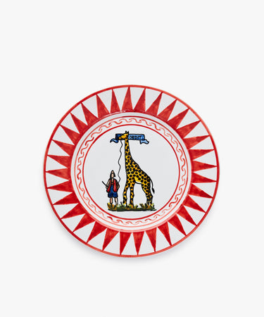 Palio Dinner Plate. Glazed ceramic in red and white designs with giraffe motif. 