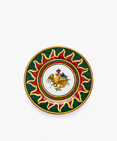 Palio Small Plate in white glazed ceramic with red and green designs and dragon motif.