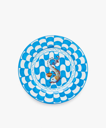 Palio Dinner Plate. Glazed ceramic in blue and white designs with fish motif. 