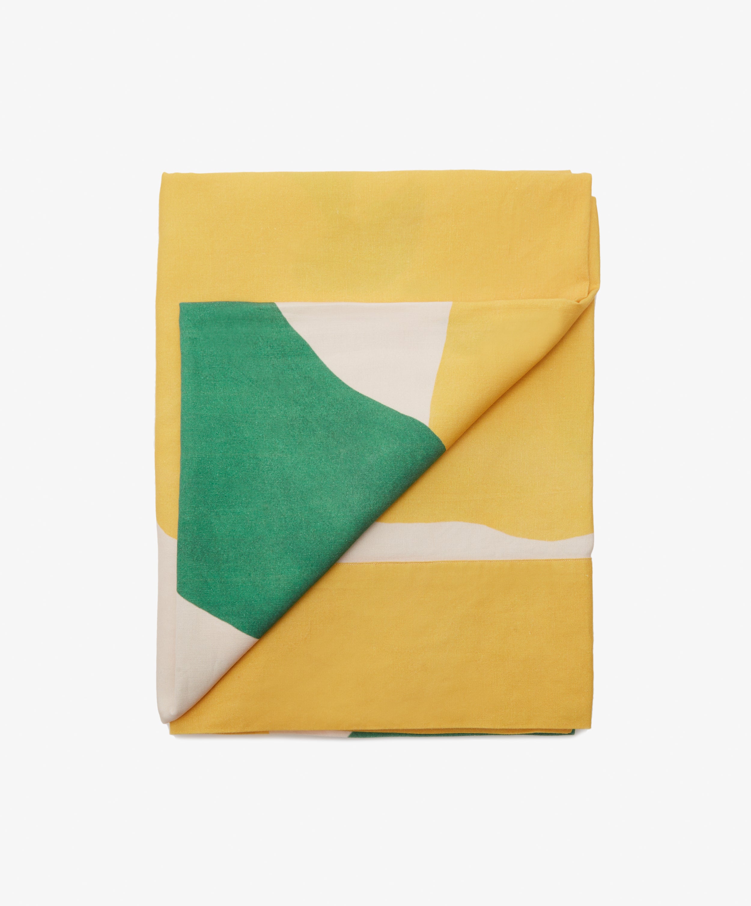 Main Squeeze Tablecloth folded into rectangle, with bottom corner flipped up.