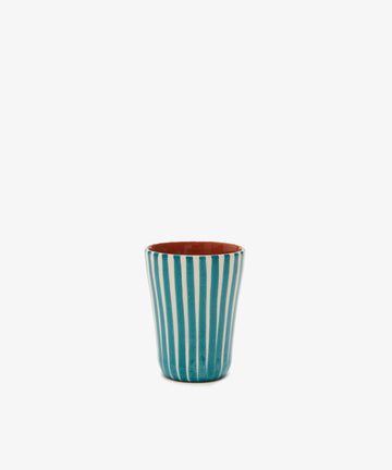 The Natalia Espresso Cup, Set of 2, features unique handmade ceramics with vertical turquoise and white stripes on the exterior and a brown interior, photographed against a plain white background.