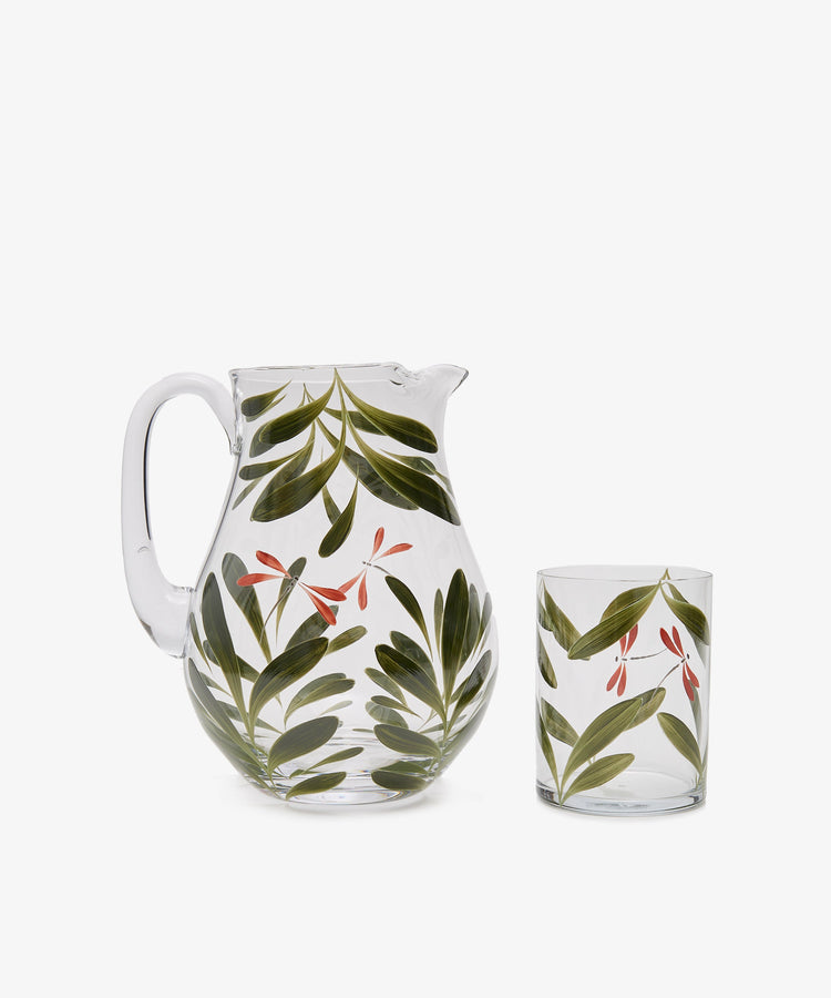 Dragonfly Jug with dragonfly tumbler glass, painted in green leaves.