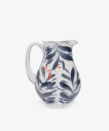 Dragonfly Jug. Transparent glass pitcher painted with blue-grey leaves and red dragonfly, back view.